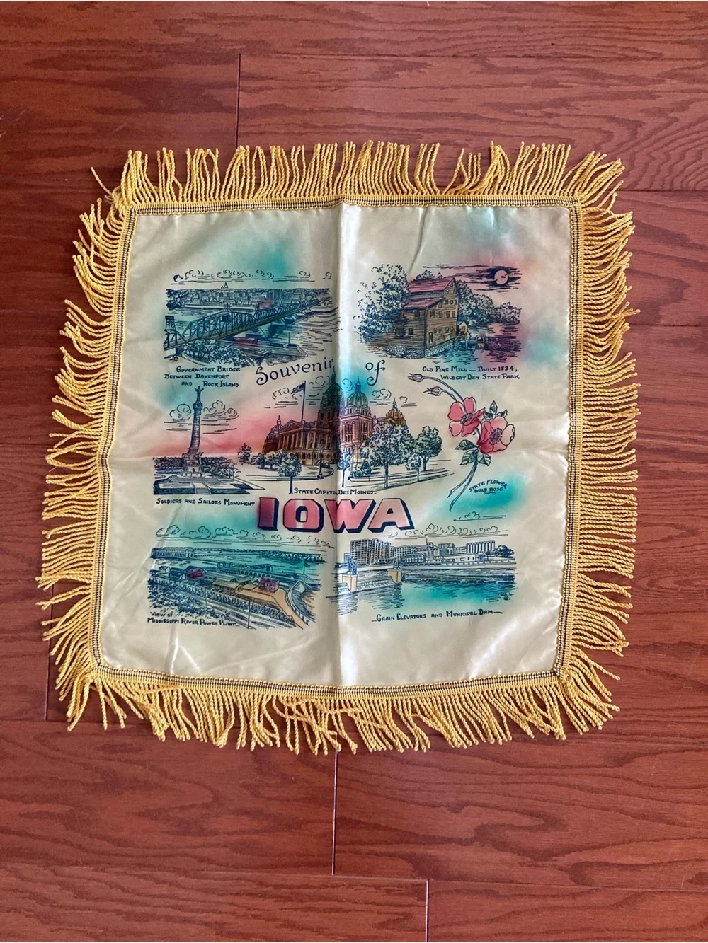 Vintage Iowa silk fringed pillow case from 1950’s approximately 16 x 16